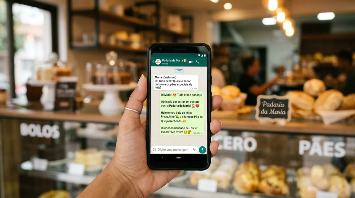 Dono de pequeno negócio configurando respostas automáticas de IA no WhatsApp Business pelo celular