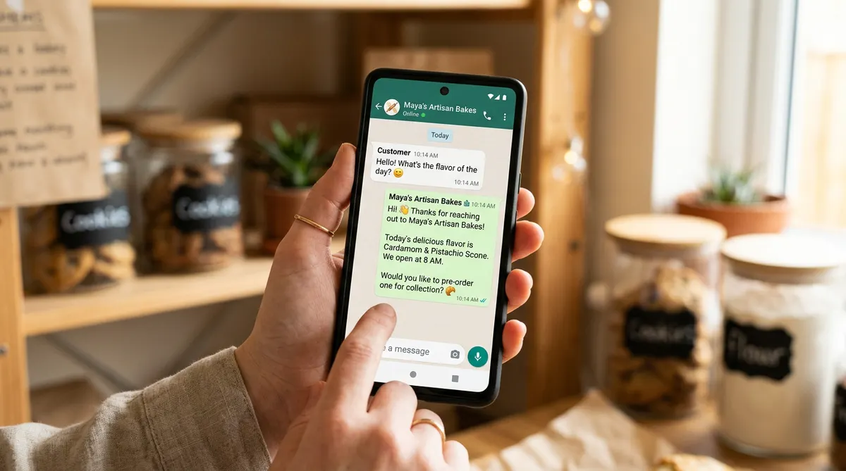 Small business owner setting up automated AI replies on WhatsApp Business from a phone