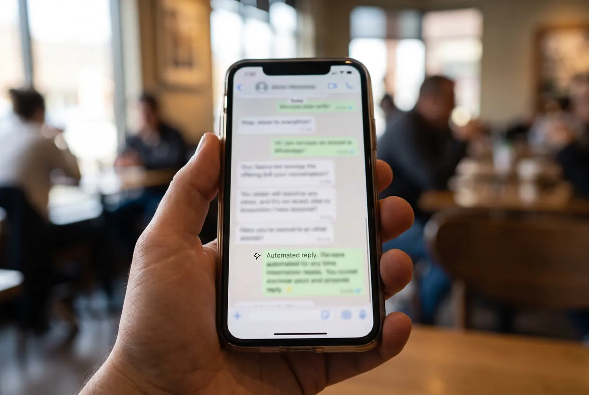 Tela de celular mostrando uma conversa de WhatsApp Business com resposta automática de IA
